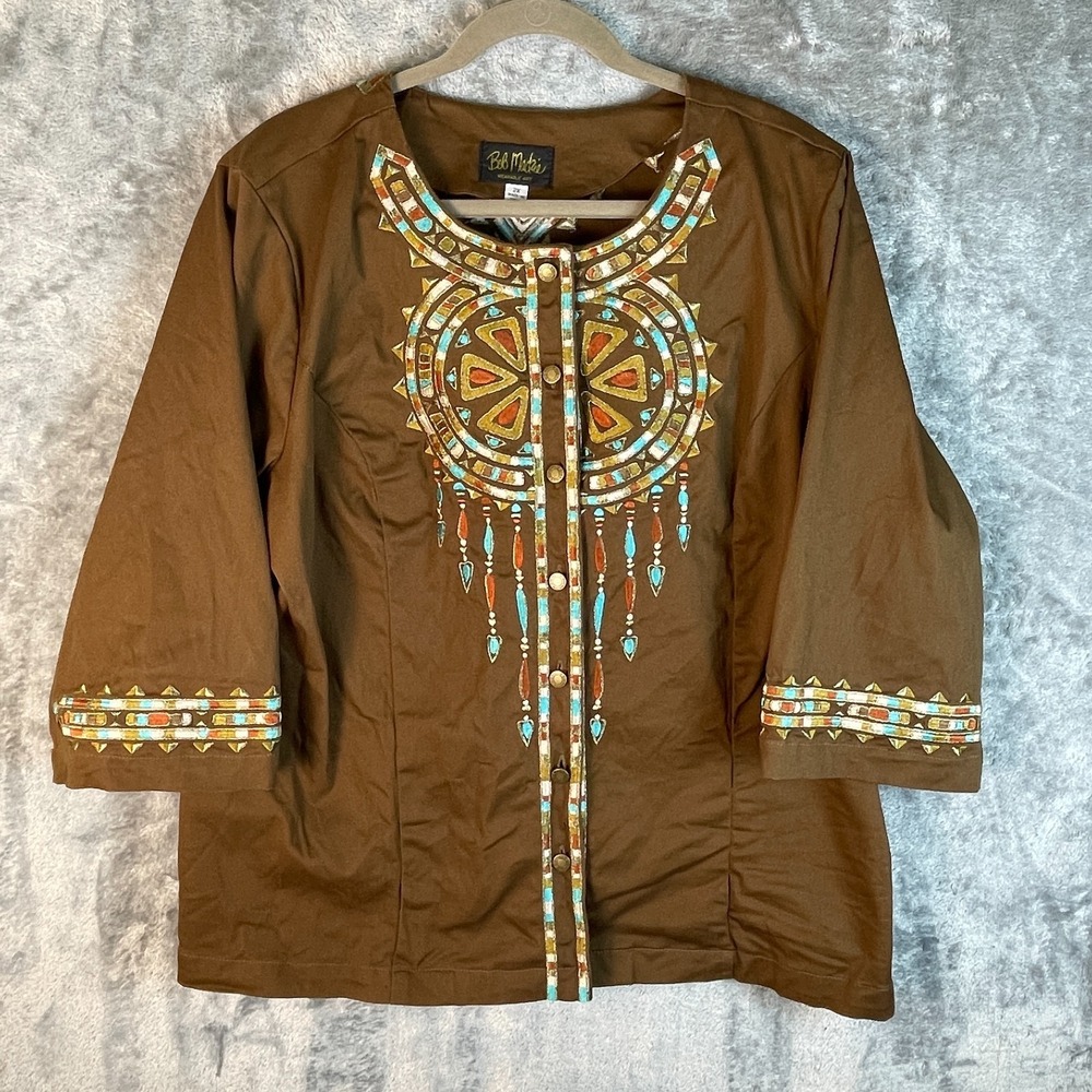 bob mackie wearable art jacket Womens Plus Sz 2X Brown Southwestern embroidered